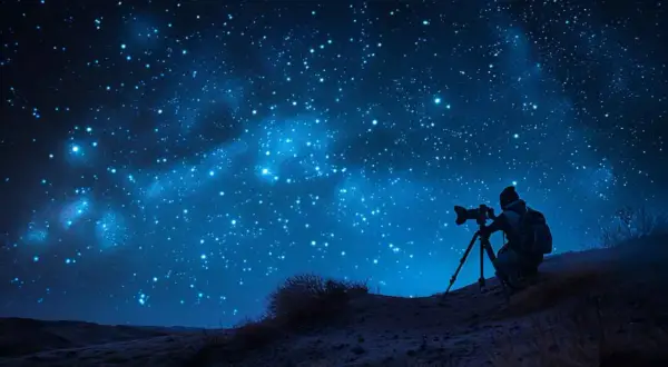 Persona en silueta captura la Vía Láctea en una **fotografía nocturna** desde una colina desértica.