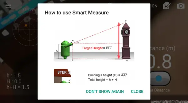 Instrucciones para medir la altura de un edificio usando una app. Un personaje verde apunta a una torre.