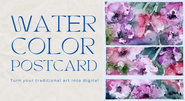 Tarjetas postales con efecto acuarela online. Flores pintadas a mano en tonos rosas y morados, con texto "Watercolor Postcard".