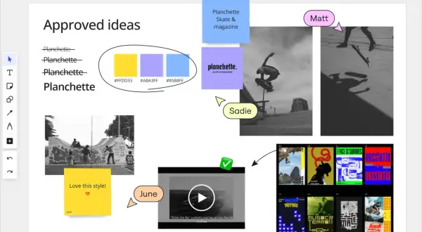 Ideas para hacer con fotos: moodboard de "Planchette Skate & magazine" con imágenes de skate, paleta de colores y videos.