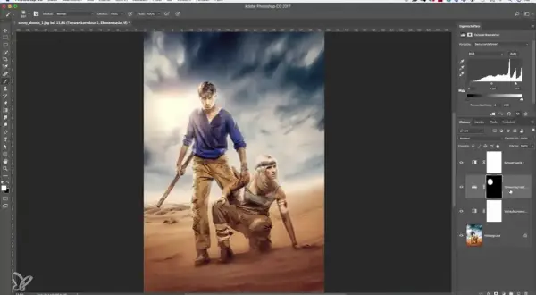 Dos figuras en un paisaje desértico, con una capa de ajuste de Photoshop "Tonwertkorrektur" visible en el panel de capas.
