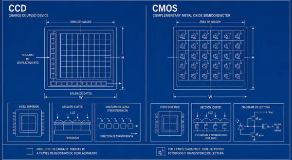 Diagrama comparativo de CCD vs CMOS, mostrando la arquitectura de cada sensor y cómo procesan la luz.
