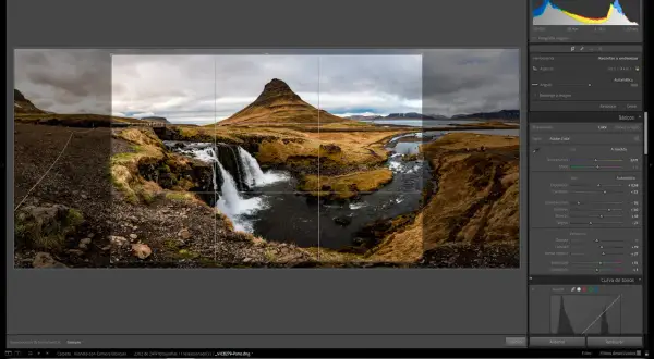 Interfaz de Adobe Lightroom Classic para recortar muchas imágenes a la vez, mostrando el paisaje de Kirkjufell en Islandia.