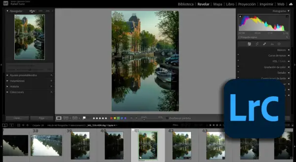 Interfaz de Adobe Lightroom Classic. Se muestra una foto de un canal con reflejos y edificios. El panel de ajustes revela qué es Lightroom: una herramienta para editar imágenes.