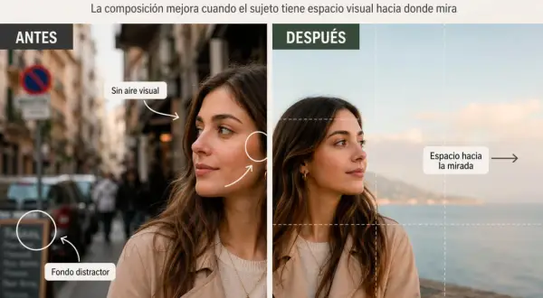 Comparativa de cómo **encuadrar fotos** para mejorar la composición. Izquierda: sin espacio visual, fondo distractor. Derecha: con espacio hacia la mirada.