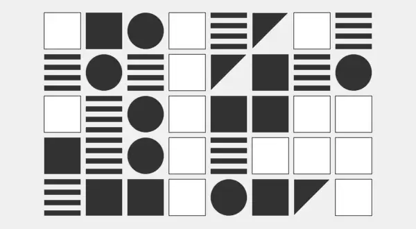 Composición geométrica con cuadrados, círculos y líneas en una forma abstracta.