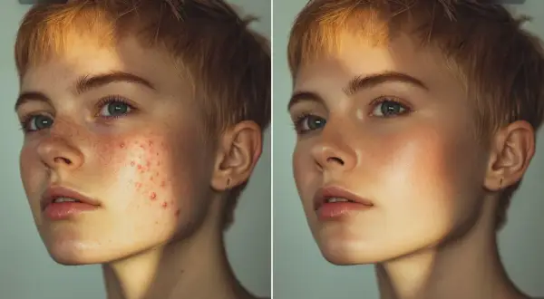 Comparar fotos: rostro con acné antes y después de un retoque, mostrando una piel más lisa y uniforme.