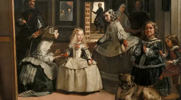 Un dibujo de Las Meninas: el pintor Velázquez, la infanta Margarita, sus damas, una monja, un guardadamas y un perro en una escena palaciega.