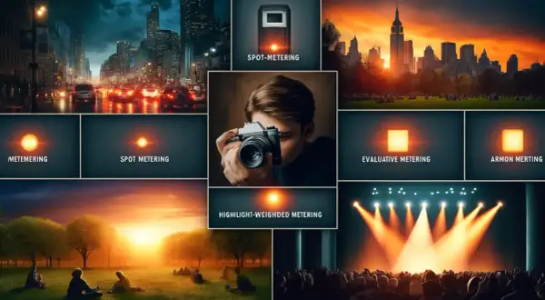 Collage de fotografía que muestra diferentes tipos de medición de luz, incluyendo medición puntual, evaluativa y ponderada a la luz.