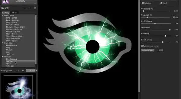 Interfaz de Photoshop con el plugin "Electrify" creando un efecto de ojo con rayos, similar a plugins photoshop gratis.
