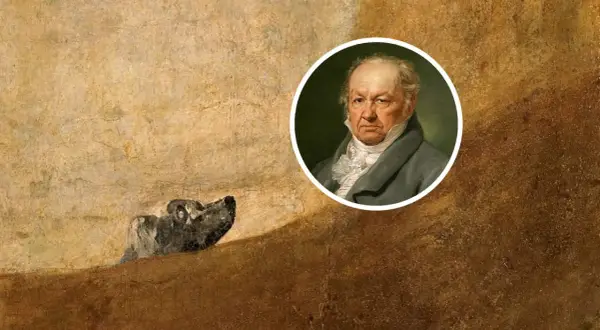 El perro de Goya emerge de la tierra, mientras su autor, Francisco de Goya, observa con seriedad.