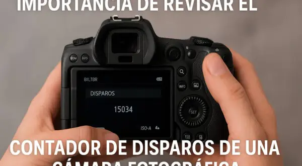 Manos sostienen una cámara digital, mostrando la pantalla con el contador de disparos en 15034. Es importante revisar los disparos de tu cámara.