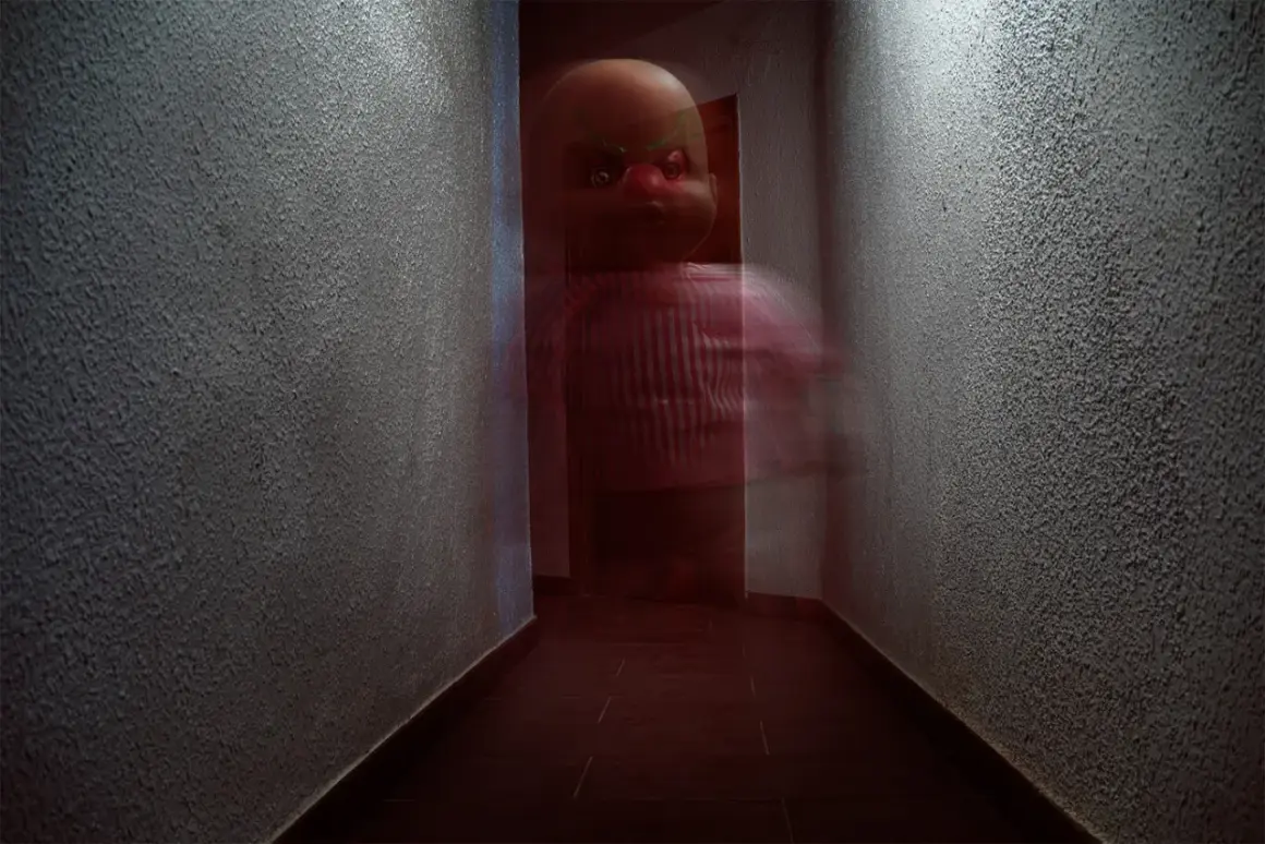 Un muñeco con ojos rojos y cejas verdes aparece en un pasillo oscuro. Son fotos que dan mucho miedo.