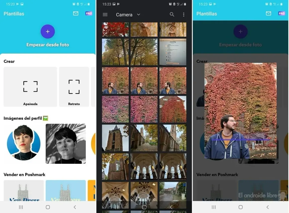 App de edición de fotos para **photorooms eliminar fondo**. Muestra opciones para crear plantillas, editar fotos y vender en Poshmark.
