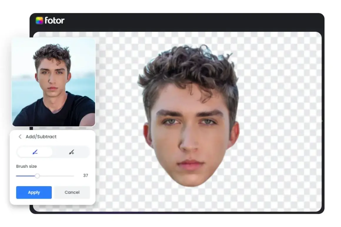 Interfaz de Fotor para recortar una persona de una foto, mostrando la cabeza de un joven sobre un fondo transparente y herramientas de edición.