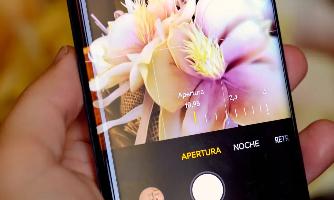 Persona ajustando la apertura en la pantalla de un móvil para hacer fotos con el móvil a un ramo de flores.