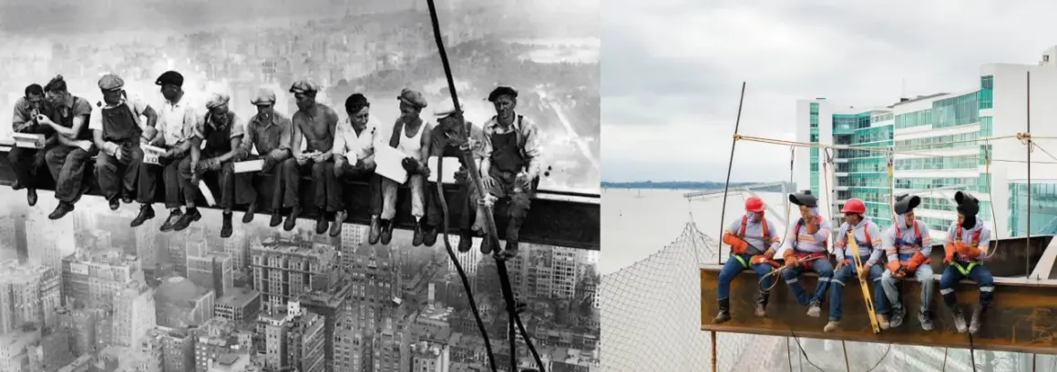 Obreros en Nueva York, una foto icónica de trabajadores almorzando en una viga, comparada con obreros modernos en una obra.