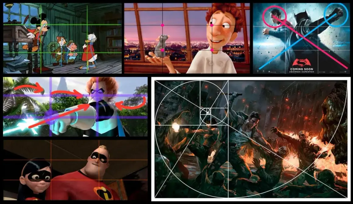 Composiciones visuales de películas y arte, algunas con guías de cuadrícula y espiral de Fibonacci, mostrando cómo romper las reglas de la composición para crear impacto.