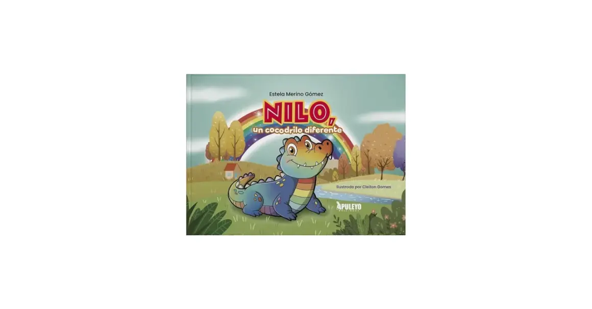 Nilo, un cocodrilo diferente, sonríe bajo un arcoíris. La portada del libro de Estela Merino Gómez muestra un paisaje colorido.
