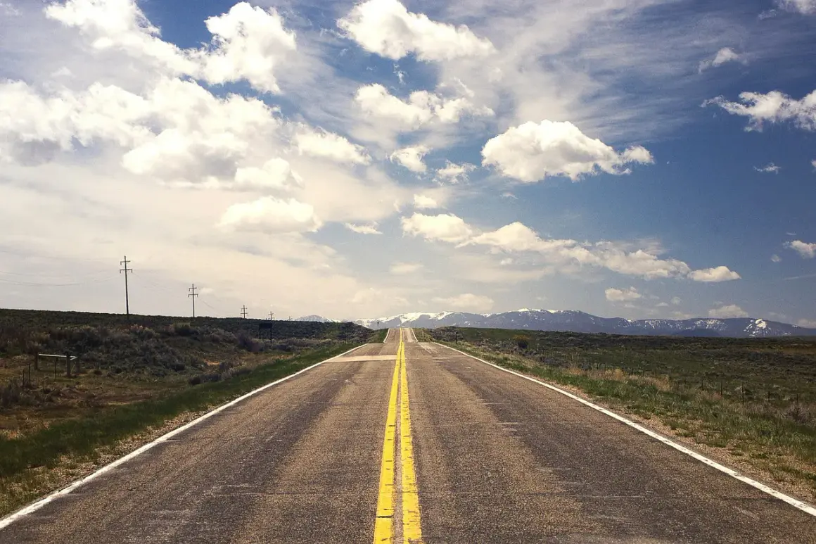 Carretera recta con doble línea amarilla que se pierde en el horizonte, flanqueada por campos verdes y montañas nevadas.