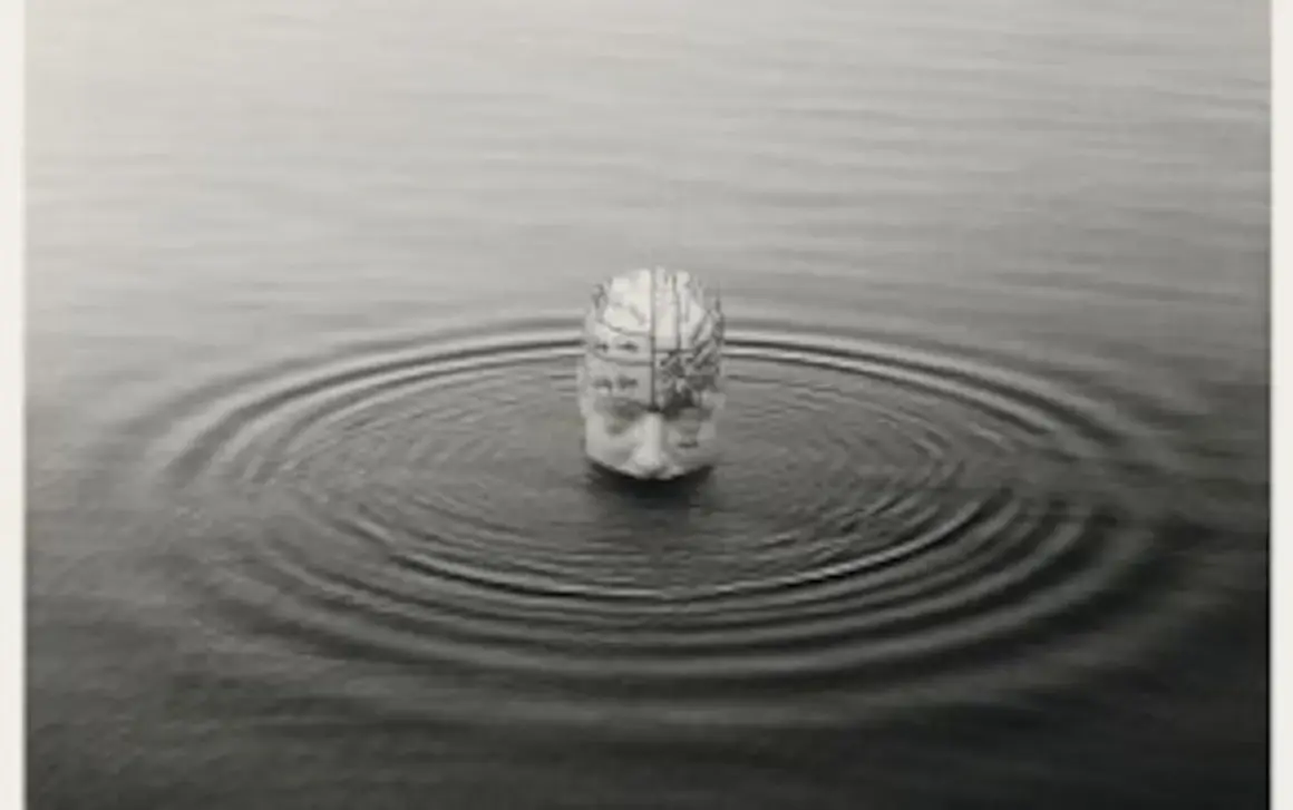 Una cabeza humana con un mapa cerebral emerge del agua, creando ondas concéntricas. Una de las icónicas chema madoz fotos.