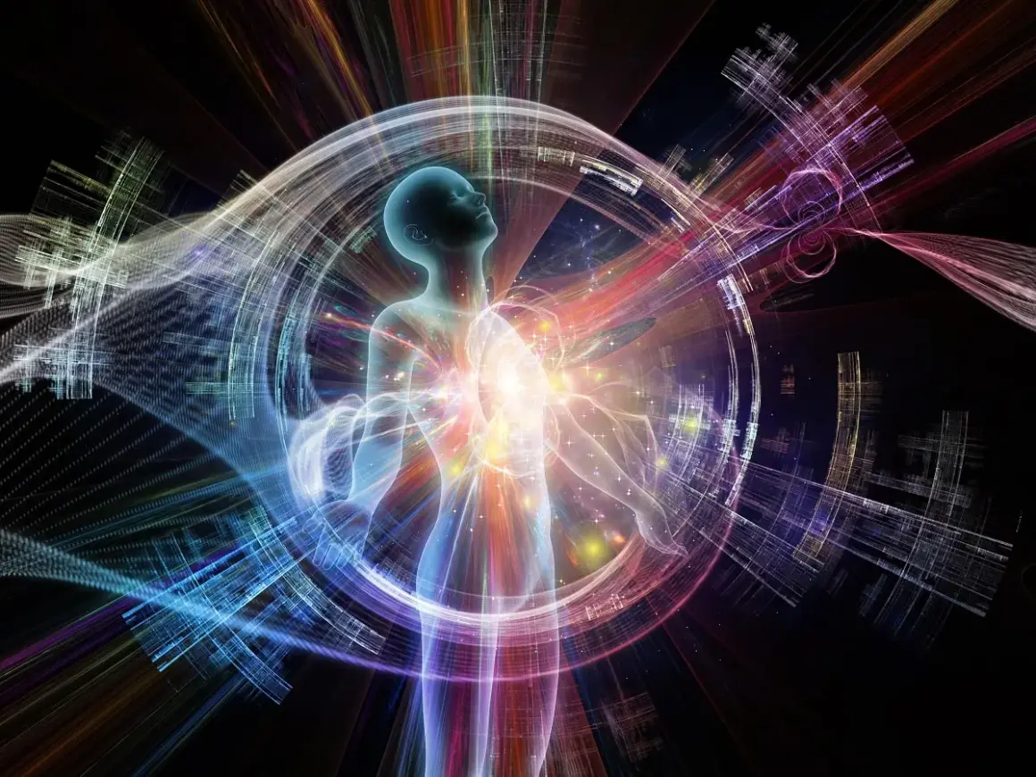 Silueta humana rodeada de energía cósmica y luz vibrante. Inspiración para frases sobre luz y la conexión universal.