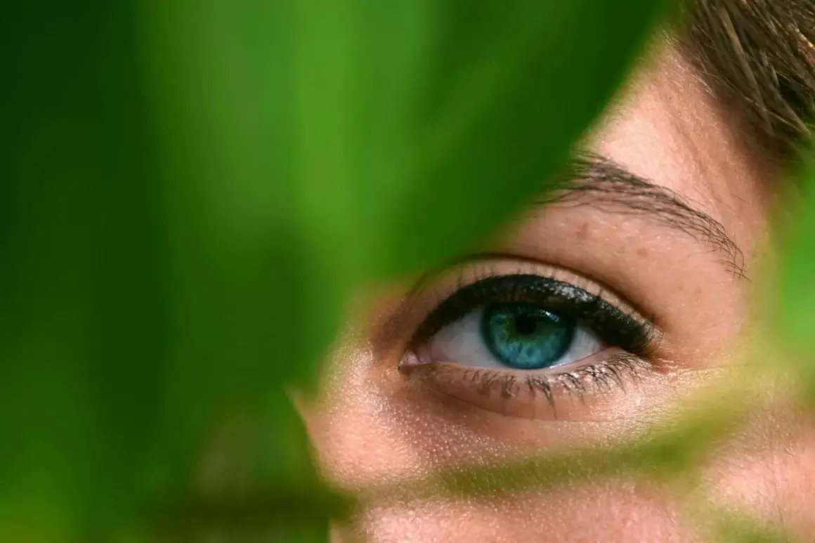 Plano detalle fotografía de un ojo azul brillante, parcialmente oculto por hojas verdes.