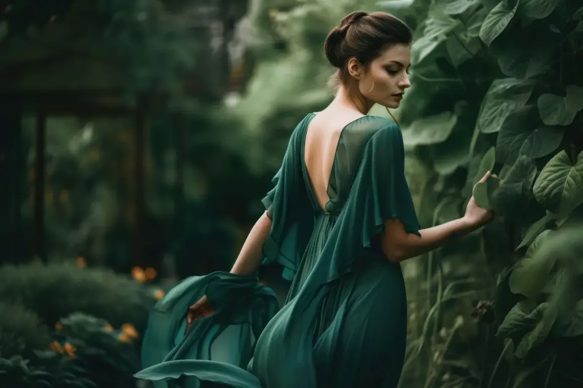Mujer con vestido verde esmeralda, en un jardín exuberante. Estilos de fotos etéreos y románticos.