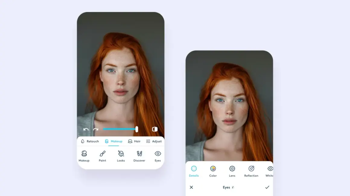 Interfaz de edición de fotos para quitar ojos rojos. Muestra a una mujer pelirroja con ojos azules y pecas.