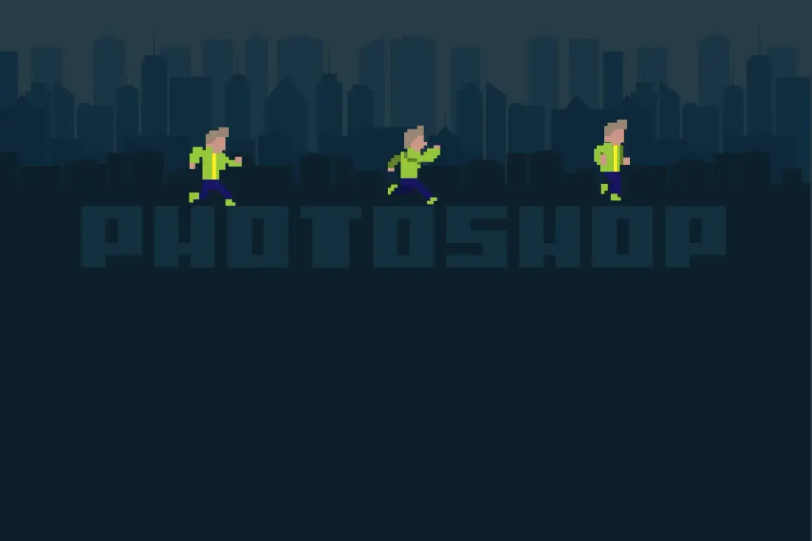 Tres figuras pixeladas corren sobre la palabra "PHOTOSHOP" contra un fondo de siluetas de edificios.