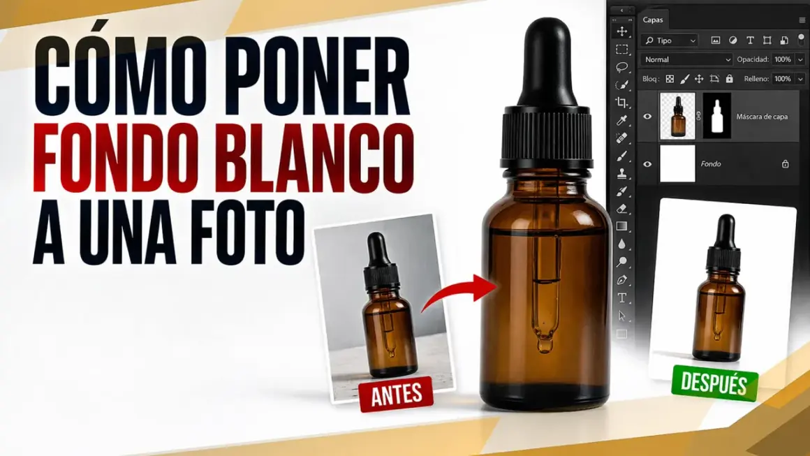 Tutorial para poner fondo blanco a una foto. Muestra un antes y después de una botella de vidrio con gotero.