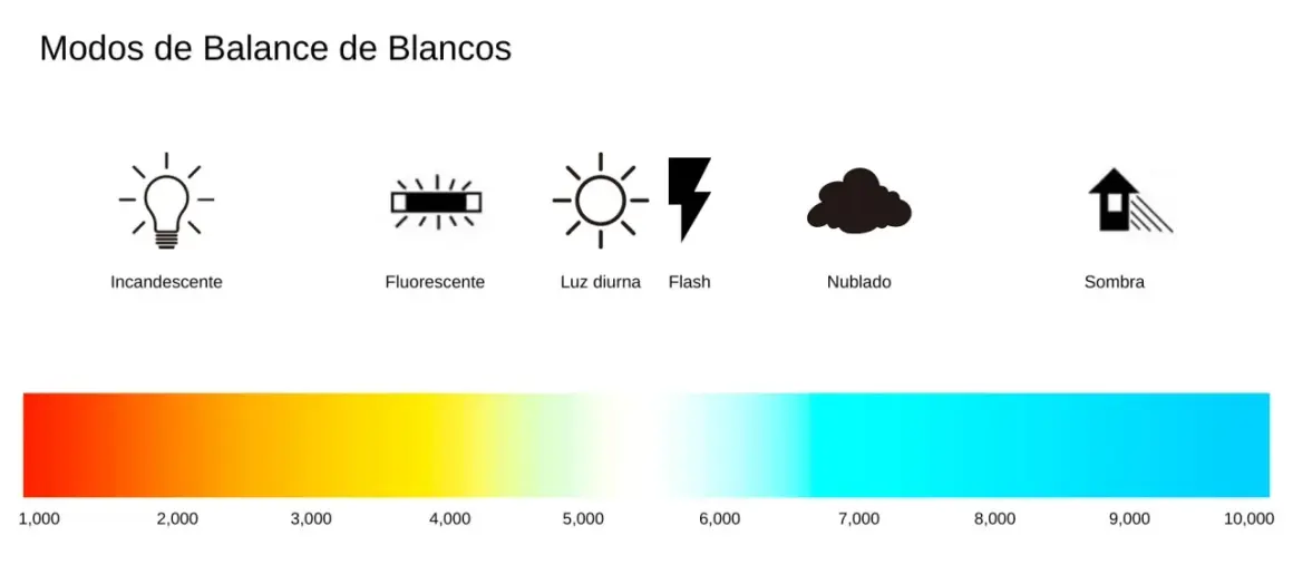 Iconos de modos de balance de blancos: bombilla, fluorescente, sol, flash, nube, casa en sombra. Barra de color de temperatura de luz.
