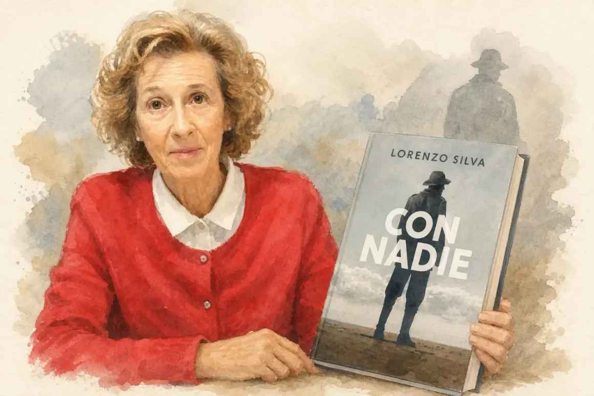 Retrato acuarela de mujer con suéter rojo, sosteniendo el libro "Con Nadie" de Lorenzo Silva.