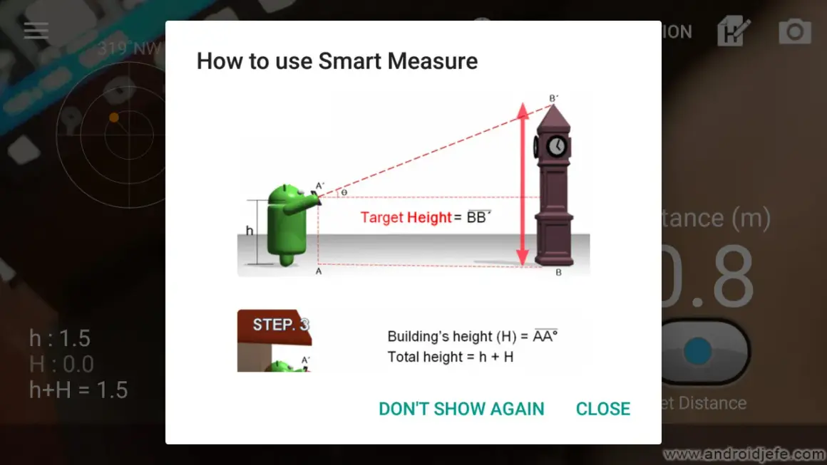 Instrucciones para medir la altura de un edificio usando una app. Un personaje verde apunta a una torre.