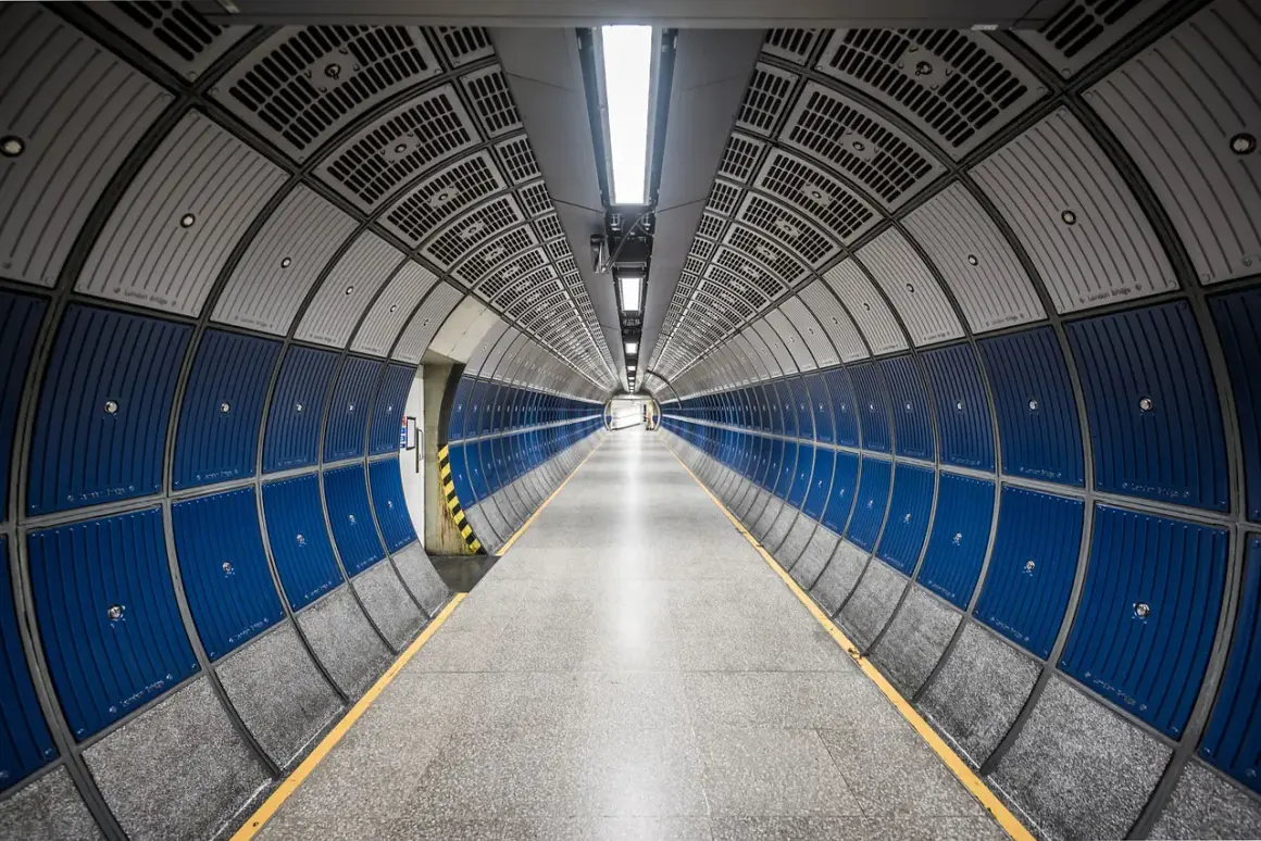 Pasillo circular de metro con paneles azules y grises, y líneas convergentes que crean una perspectiva infinita.