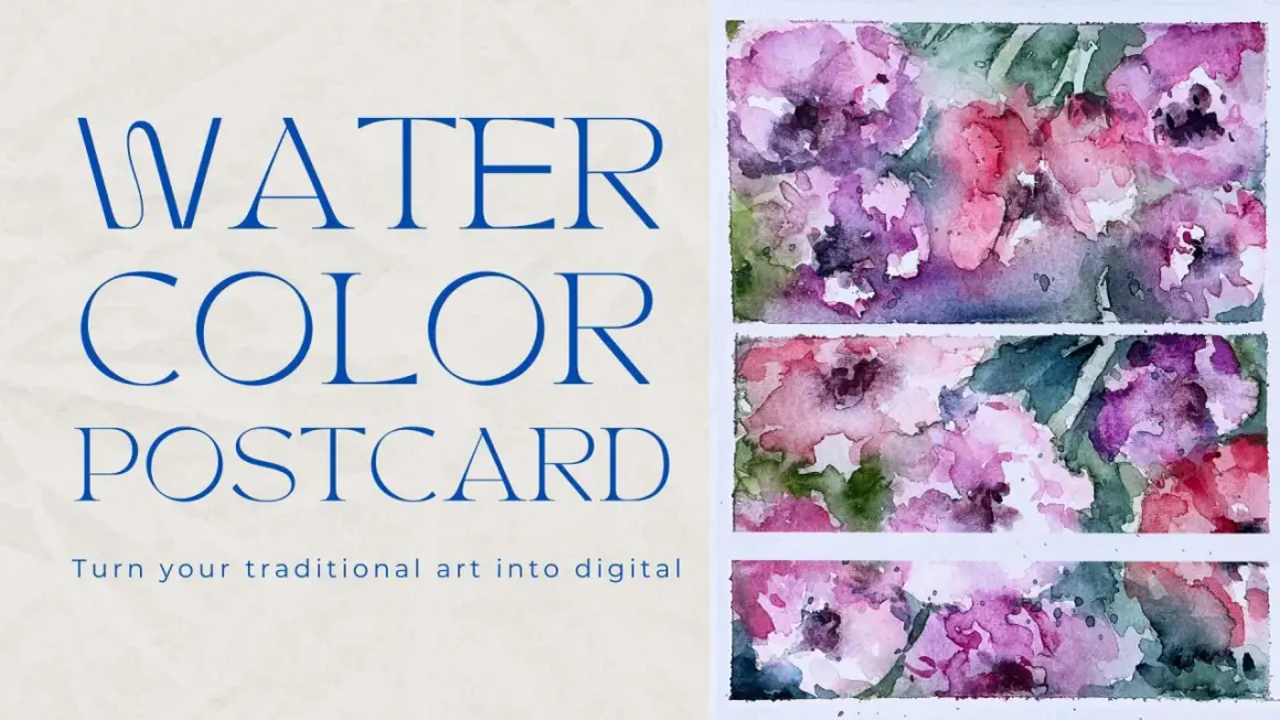 Tarjetas postales con efecto acuarela online. Flores pintadas a mano en tonos rosas y morados, con texto "Watercolor Postcard".