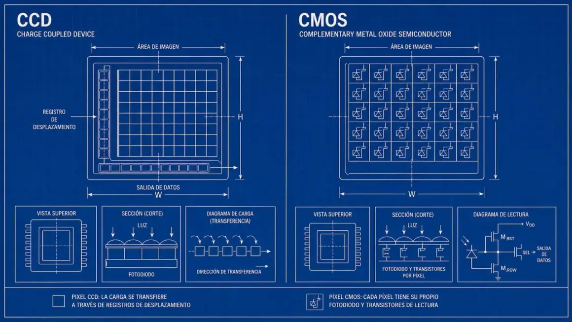 Diagrama comparativo de CCD vs CMOS, mostrando la arquitectura de cada sensor y cómo procesan la luz.