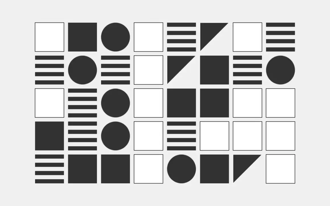 Composición geométrica con cuadrados, círculos y líneas en una forma abstracta.