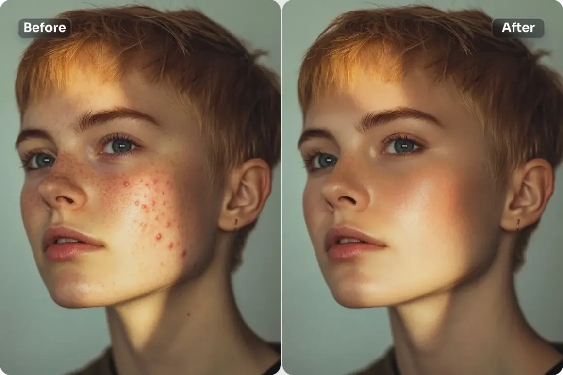 Comparar fotos: rostro con acné antes y después de un retoque, mostrando una piel más lisa y uniforme.