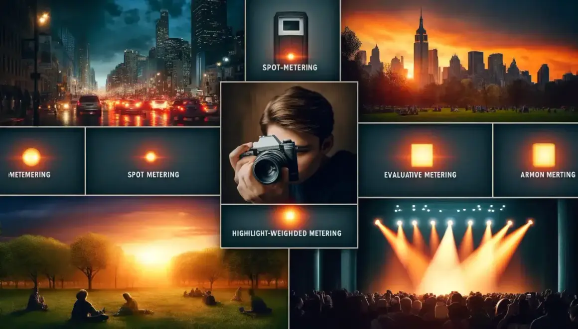 Collage de fotografía que muestra diferentes tipos de medición de luz, incluyendo medición puntual, evaluativa y ponderada a la luz.