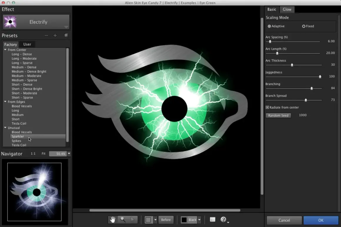 Interfaz de Photoshop con el plugin "Electrify" creando un efecto de ojo con rayos, similar a plugins photoshop gratis.