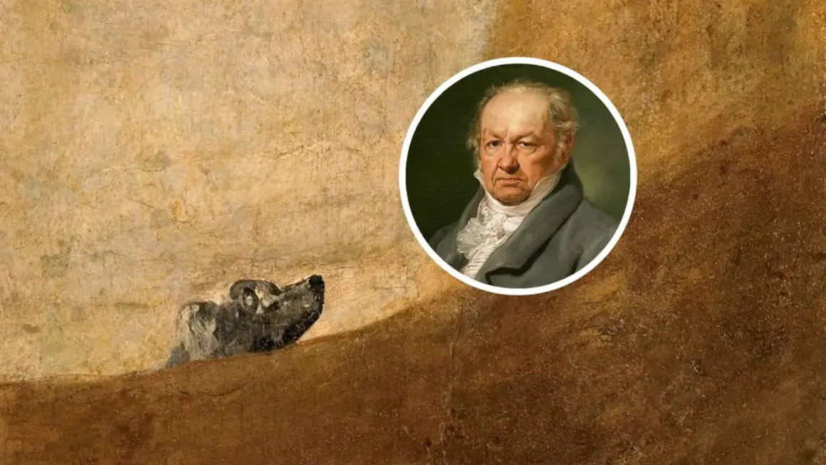 El perro de Goya emerge de la tierra, mientras su autor, Francisco de Goya, observa con seriedad.
