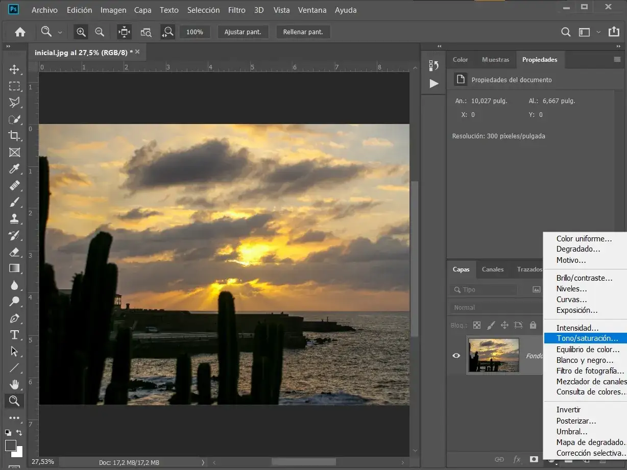 Ajustando el tono y la saturación de una foto de atardecer con cactus, usando una capa de ajuste en Photoshop.