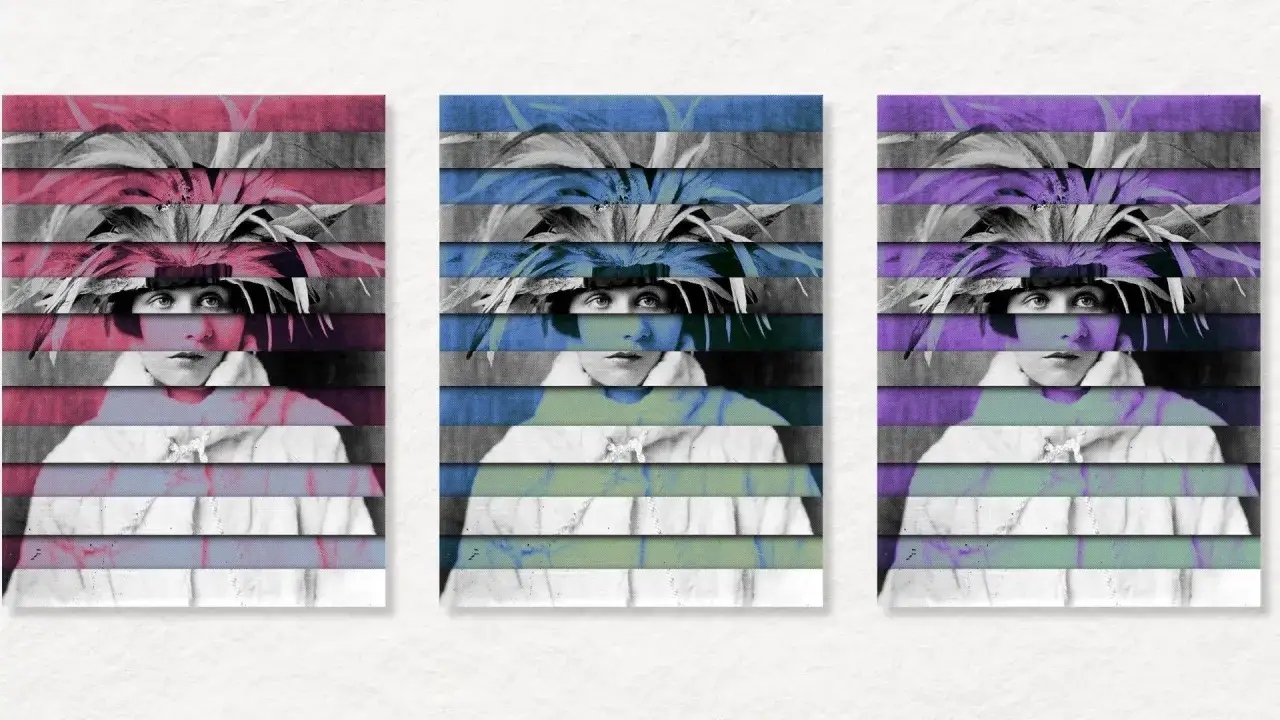 Retrato de mujer con tocado de plumas, dividido en franjas de colores. &iexcl;Ideas para hacer con fotos!