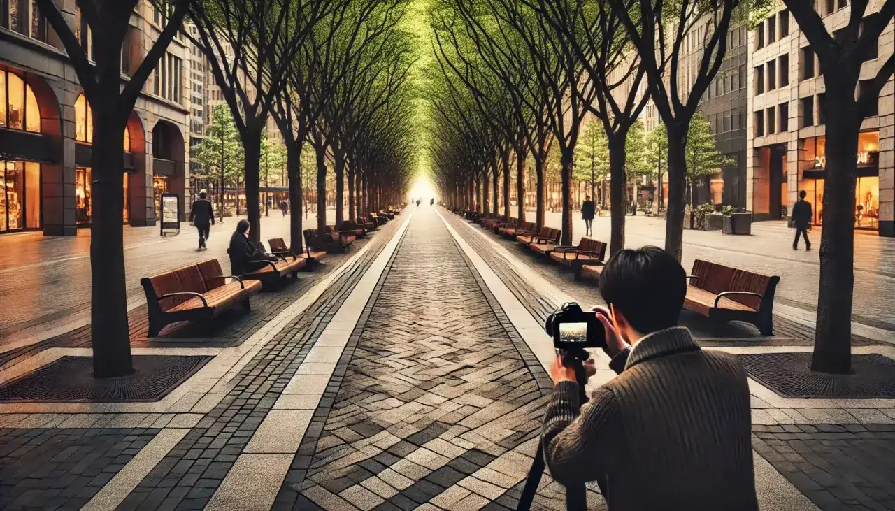 Un hombre con c&aacute;mara captura la perspectiva de una calle arbolada, creando un peso visual en el camino empedrado y los bancos.