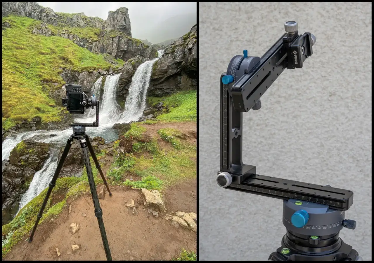 Cámara en trípode lista para capturar una foto panorámica de una cascada en Islandia. A la derecha, detalle del cabezal panorámico.