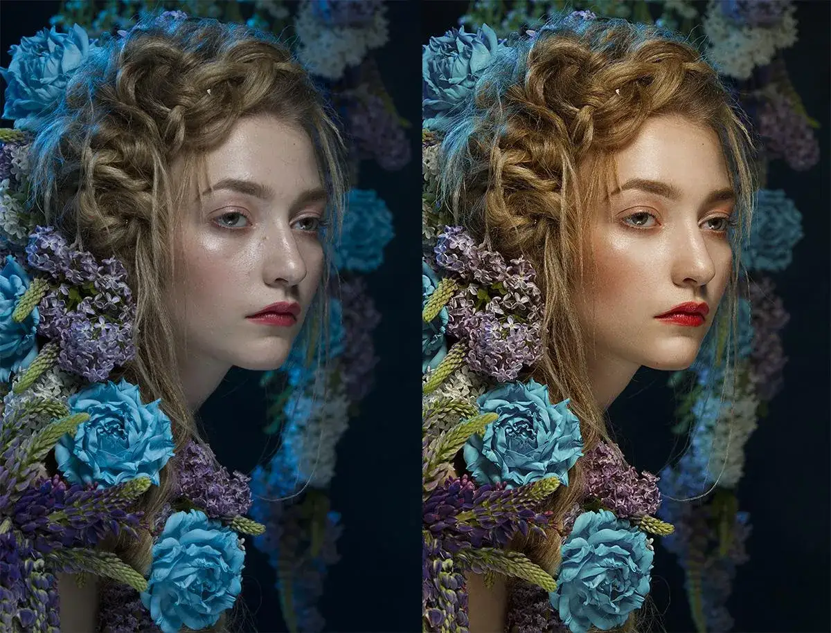 Comparar fotos: mujer con trenza y flores azules y moradas. La imagen de la derecha muestra un retoque de color y piel más cálido.