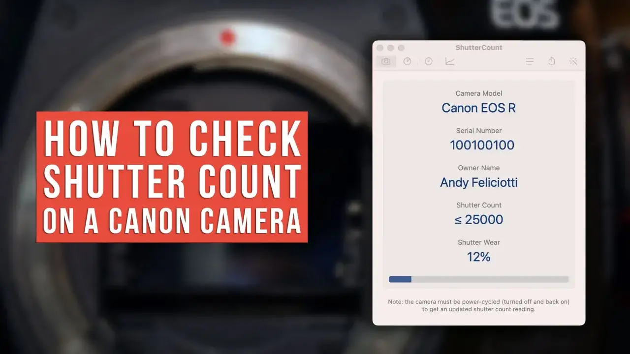 C&oacute;mo verificar el shutter count espa&ntilde;ol de tu Canon EOS R. La app muestra el modelo, n&uacute;mero de serie y el desgaste del obturador.