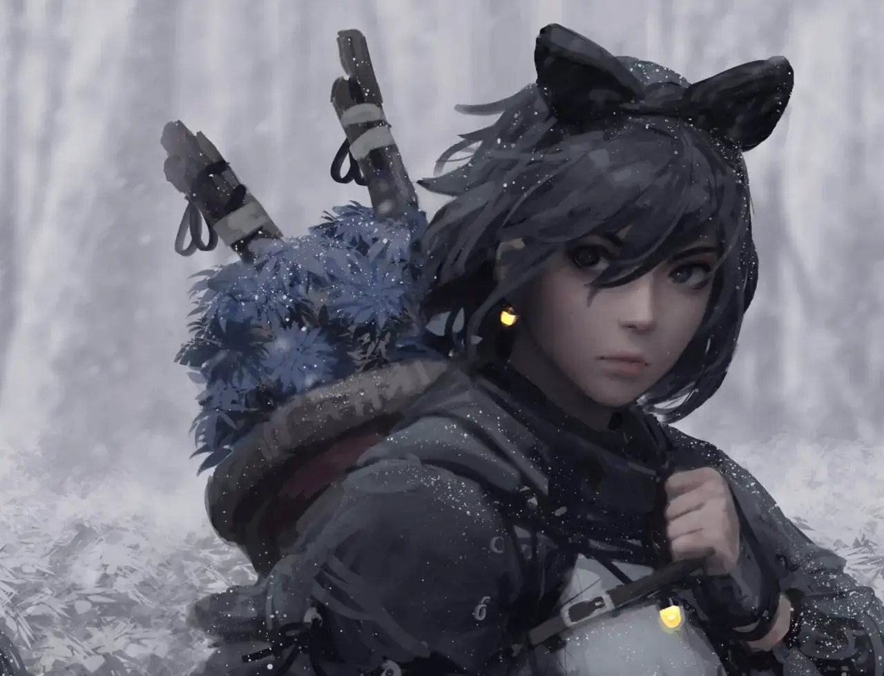 Chica con orejas de gato y un gran bulto en la espalda, rodeada de nieve. Sus estilos de fotos son fantásticos.
