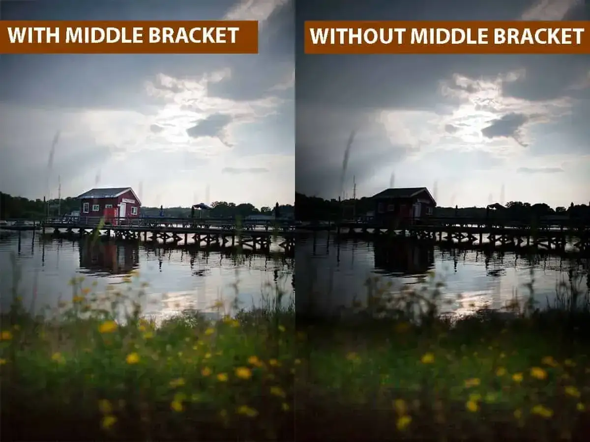 Comparaci&oacute;n de qu&eacute; es HDR: la imagen de la izquierda, con un bracket medio, muestra m&aacute;s detalles en el cielo y el agua que la de la derecha, sin bracket.